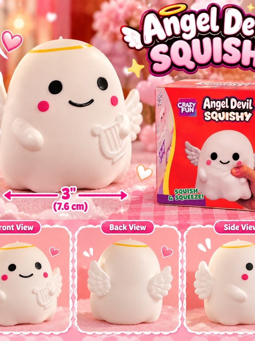 3.5 Inch By 3 Inches Angel Devil Squishy Toy - White